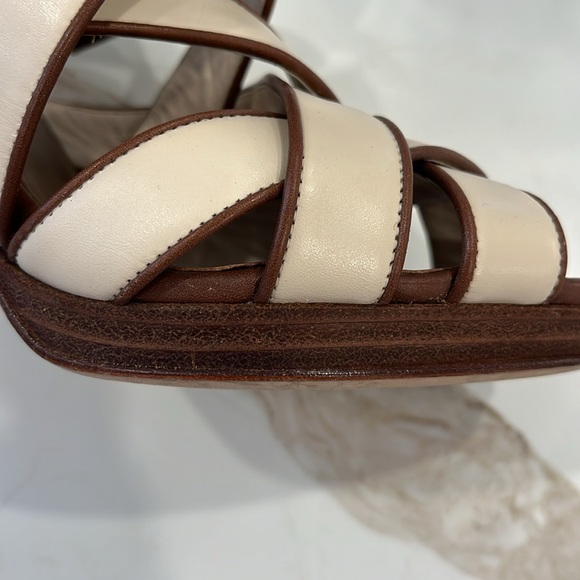 EUC Cole Haan woven leather slingback 4” stacked heel cream brown trim sandals - Picture 6 of 8